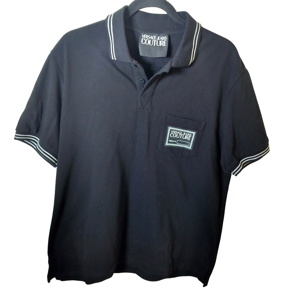 Versace Jeans Couture Mens Black‎ Pique Polo Shirt Logo Pocket Tipped Collar XL